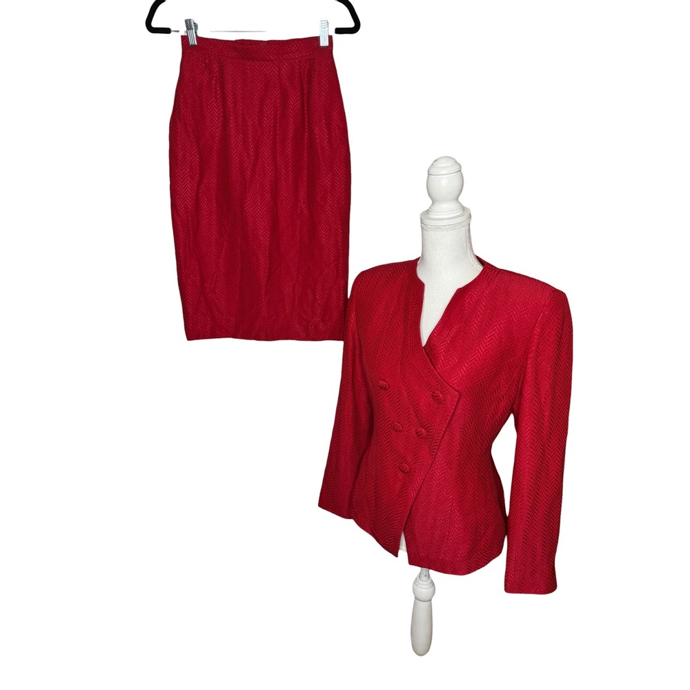 Vintage Christian Dior Red Chevron Skirt Suit Set 2 Piece Blazer Shoulder Pads 4